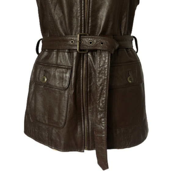 Brown Leather Vest Belted Riding Longline Safari Sleeveless Otello Pelle Small - Picture 4 of 16